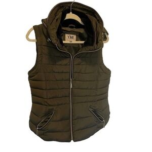 YMI Collection Olive Polyester Faux Fir Lined Women's Hooded Quilted Vest Sz Med